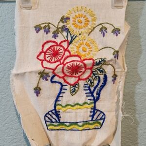 Vintage Mcm Finished Crewel Multi Color Flowers Bouquet Pitcher Farm Cottage